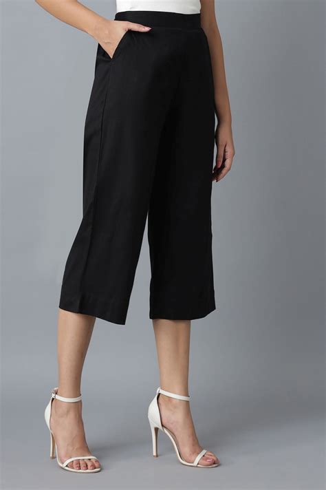 Buy Elleven Women's Black Solid Straight Fit Cotton Culottes With ...
