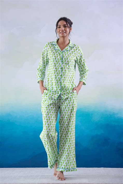 Chic Green Leaf Printed Cotton Night Suit - Relax in Style – Label Flavia
