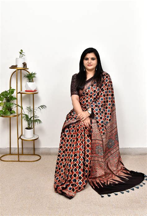 HARIBALA : AJRAKH HANDBLOCK MODAL SILK SAREE – EkBanni