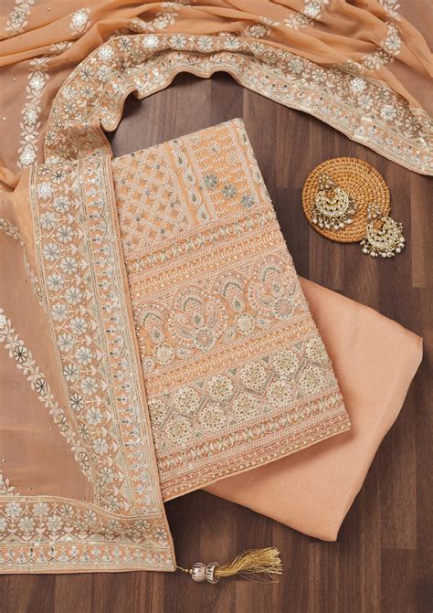 Buy Peach Threadwork Georgette Unstitched Salwar Suit - Koskii