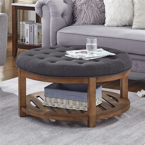 24KF Large Round Upholstered Tufted Linen Ottoman Coffee Table, Large ...
