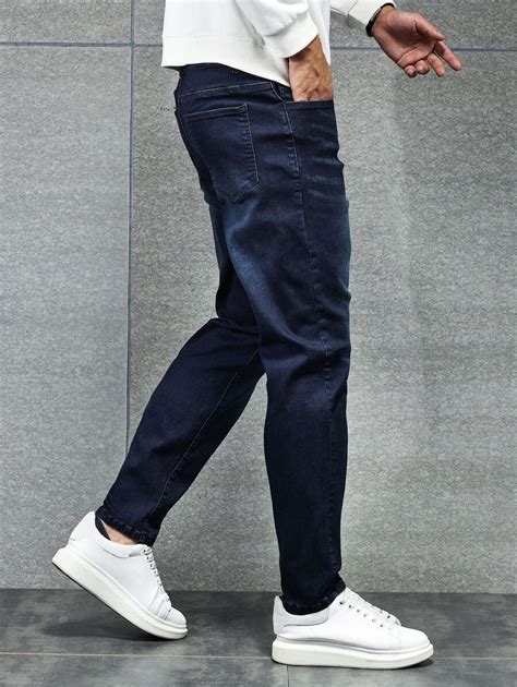 Manfinity Homme Men Cotton Slant Pocket Jeans Plain Dark Blue Slim Fit ...