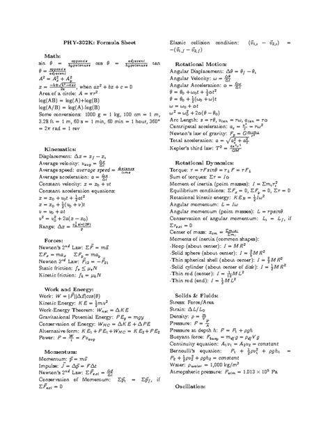 PHY 302 K Formula Sheet - PHY-302K: Formula Sheet Math: sin θ = hypotenuseopposite cos θ = - Studocu