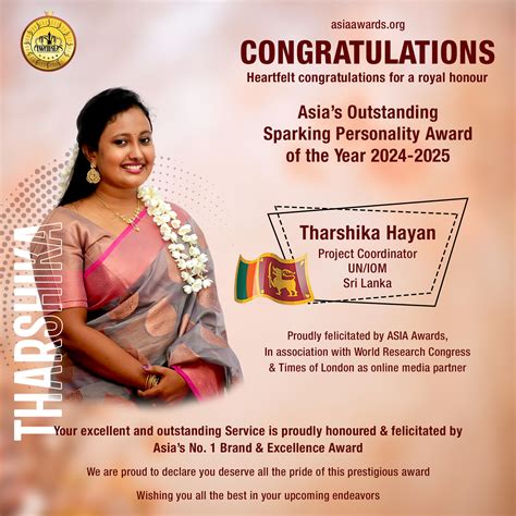 Tharshika Hayan has bagged Asia's Outstanding Sparking Personality Award