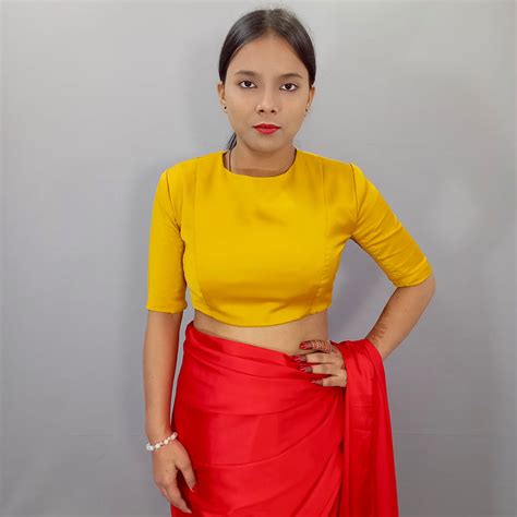 Full Neck Elbow Sleeves Saree Blouse in Mustard – My Store