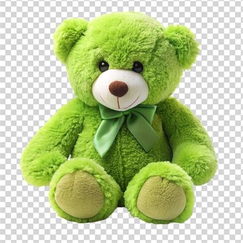A green teddy bear with a green bow around its neck on transparent ...