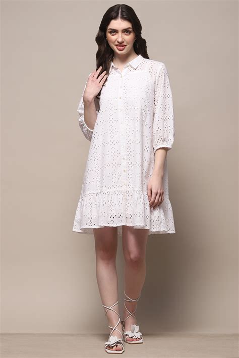 White Pure Cotton Schiffli Tiered Dress at Biba India