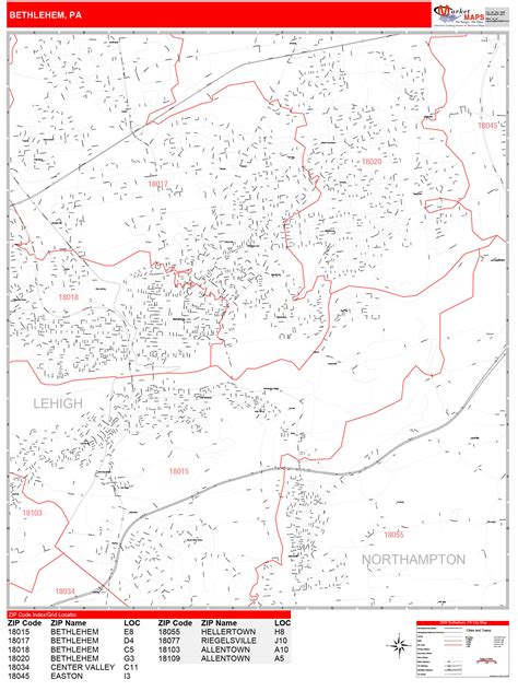 Bethlehem Pennsylvania Zip Code Wall Map (Red Line Style) by MarketMAPS ...