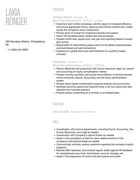 Stock Plan Administrator Resume Samples | Velvet Jobs