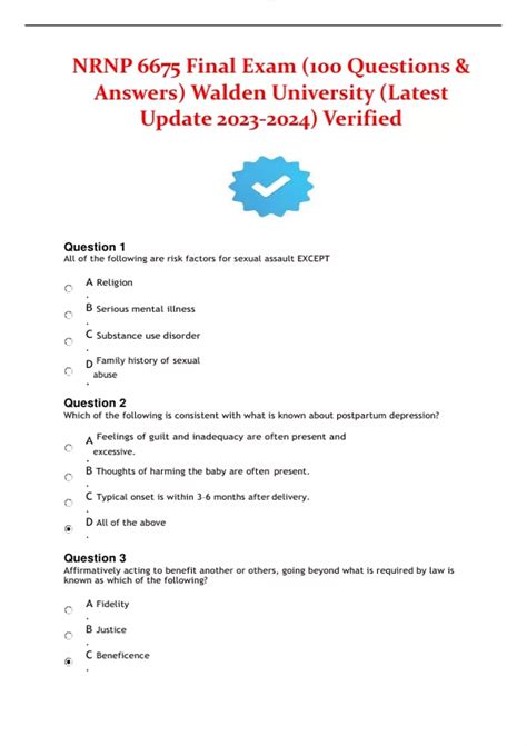 NRNP 6675 Final Exam (100 Questions & Answers) Walden University (Latest Update ) Verified ...