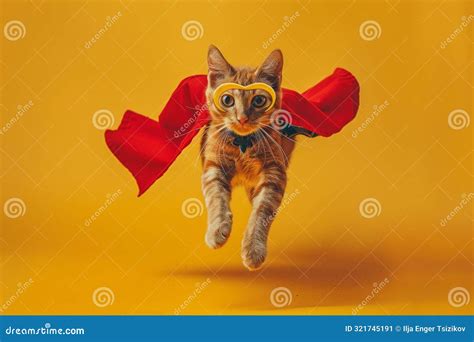 Superhero Cat Tabby Kitty In Mask And Cape Soaring In Pastel Sky ...