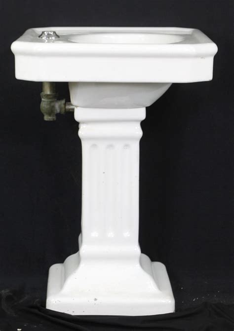 Antique Pedestal Sink in Earthenware with White Porcelain Glaze, Fluted ...
