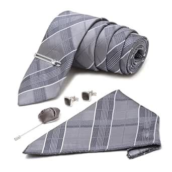 Buy LOUIS STITCH Mens Grey Checkered Italian Silk Necktie Set Incl ...