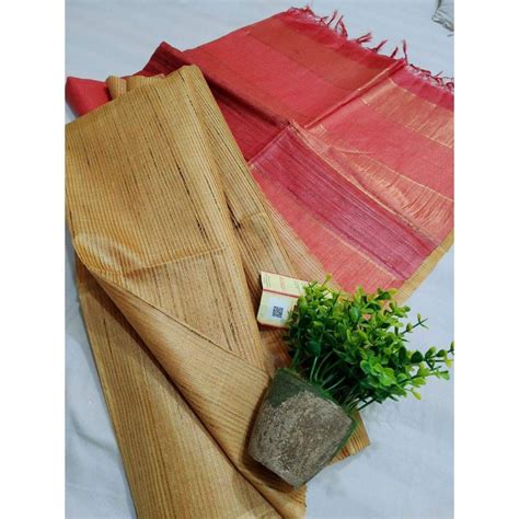 Silkmark Certified Eri Tussar Striped Mustard Brown Body Saree with Red ...