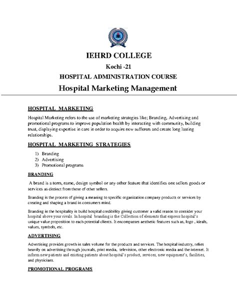 Hospital Marketing Strategies - IEHRD COLLEGE Kochi - HOSPITAL ...