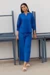 Buy Blue Linen Solid Notched Top For Women by Silai Studio Online at ...