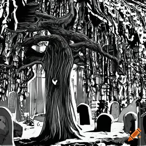 Black and white illustration of a Yew tree in a church graveyard on Craiyon