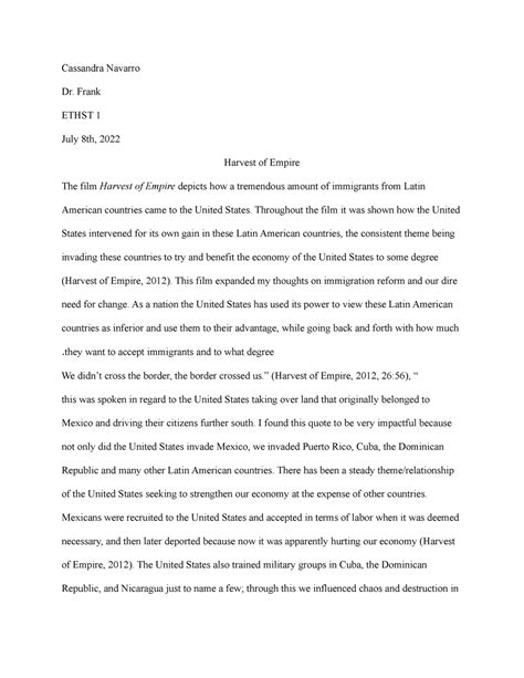 Harvest of Empire - Cassandra Navarro Dr. Frank ETHST 1 July 8th, 2022 ...