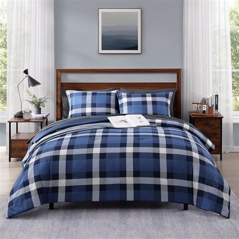 MAIREVE Queen Size Plaid Comforter Set Indigo Blue, Classic Checkered 7 ...