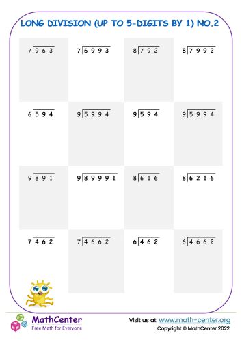 Long division of up to 5 digit numbers No.2 | Worksheets | Math Center
