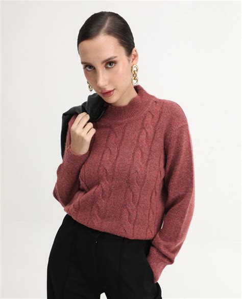 Rareism Women's Emmy Dark Rust Acrylic Blend High Neck Relaxed Fit Swe