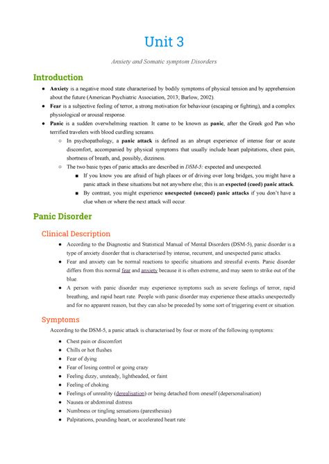 Abnormal Psychology Notes-58-71 - Unit 3 Anxiety and Somatic symptom ...