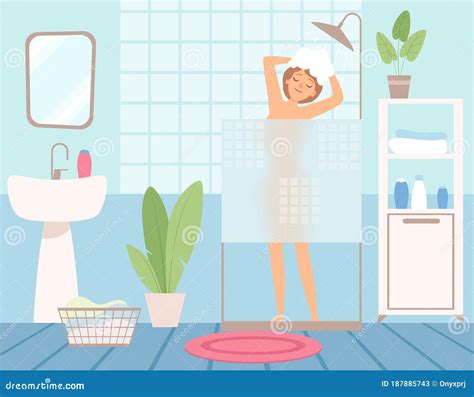 Girl Takes Shower. Bathroom Interior, Hygiene Procedures Stock Vector ...