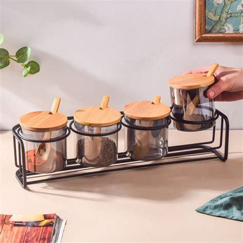 Jars With Lid And Spoon Set Of 9 Ash Grey 300ml Online - Premium Spice ...