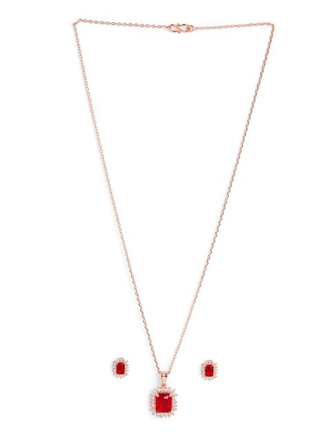 Bright Red Stoned Geometry Rose Gold Plated Pendant with AD Stud Earri ...
