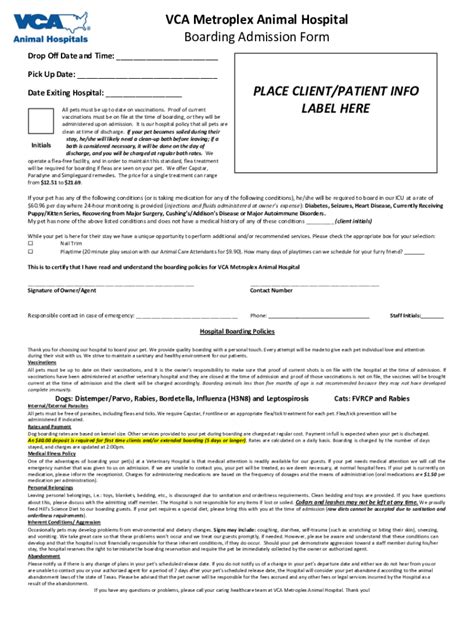 Fillable Online VCA Metroplex Animal Hospital Boarding Admission Form ...