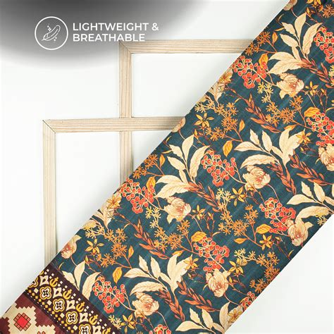 Vintage Floral With Border Element Digital Print Art Tusser Silk Fabri ...