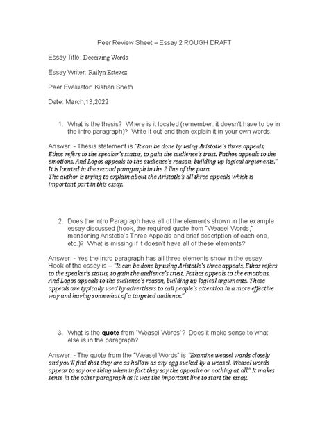 Essay 2 Rough Draft Peer Review - Peer Review Sheet – Essay 2 ROUGH DRAFT Essay Title: Deceiving ...