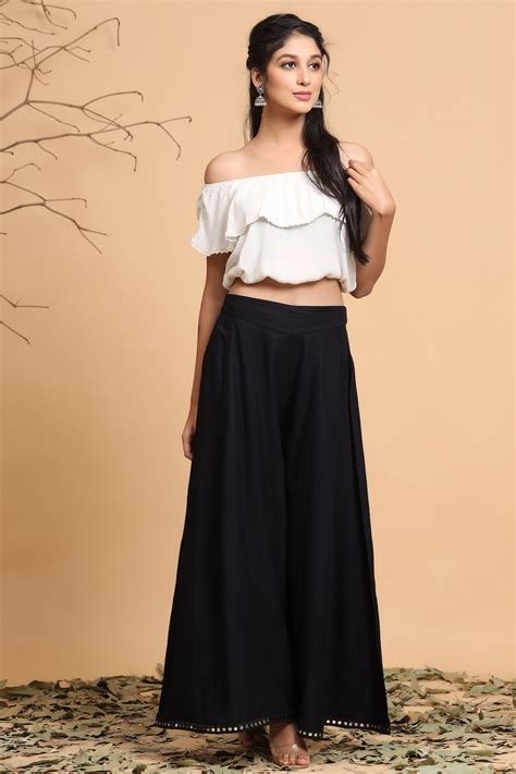 Black Solid Rayon Lacy Kalidar & Flared Palazzo - Juniper Fashion