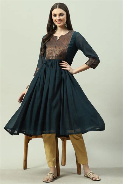 Teal Poly Mettalic A-Line Yarndyed Kurta