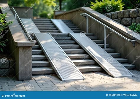 Accessible Ramp Combined with Gray Concrete Stairs, Handrail. Designed ...