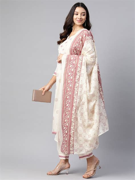 Straight Style Cotton Fabric Cream Color Kurta And Bottom With Dupatta ...