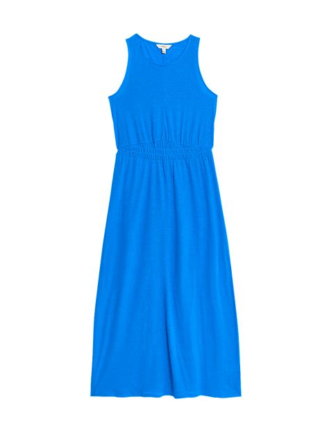Buy Linen Rich Jersey Round Neck Midi Waisted Dress at Marks & Spencer