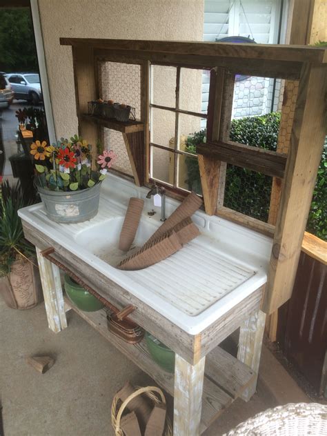 Vintage Potting Bench with Porcelain Sinks