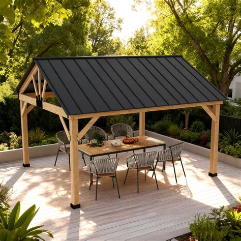 hodoyodo 13x15FT Cedar Hardtop Wood Gazebo with Galvanized Steel Roof ...