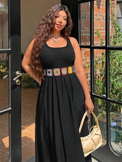 SHEIN EZwear Plus Size Black Maxi Dress: Sleeveless Scoop Neck Woven ...