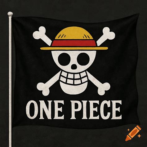 A black flag with the One Piece Jolly Roger skull and crossbones wearing a straw hat and the ...