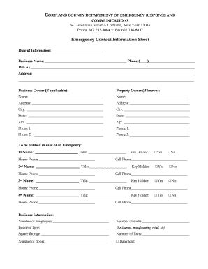 Fillable Online cortland Emergency Contact Information Sheet Directions ...