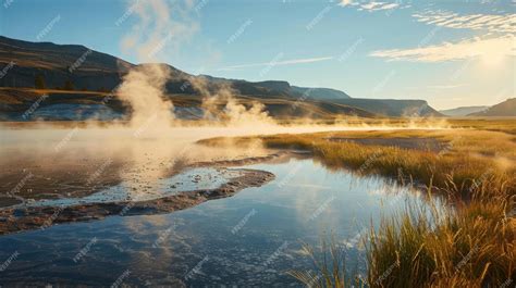 A steam rising from a hot spring in the mountains where geothermal heat ...