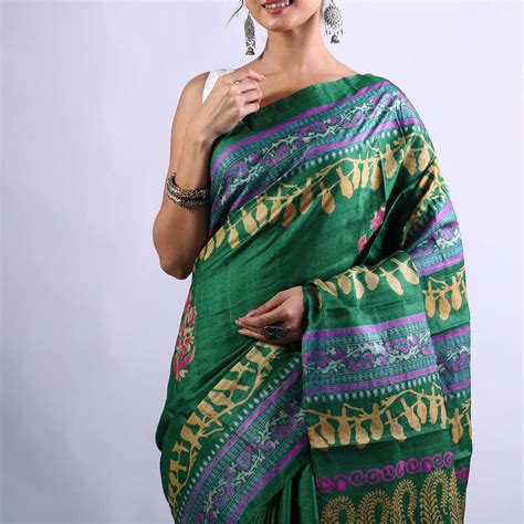 Green Tussar Saree With Blouse Piece – Ethnic Boutique