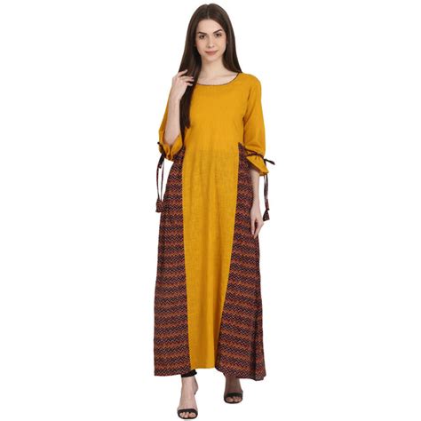 Yellow & coffee printed 3/4 sleeve cotton slub floor length kurta ...
