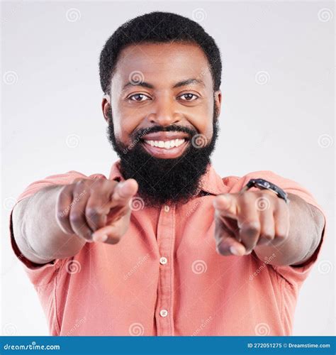 Happy, Pointing and Portrait of Black Man in Studio for Yes ...