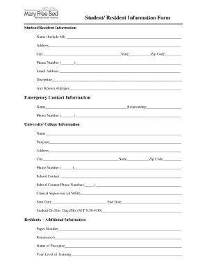 Fillable Online Student Resident Information Form - Mary Free Bed Fax ...