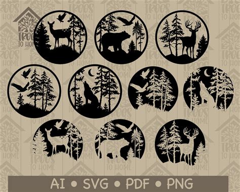 Wildlife Circle Animal Scene Silhouette Tall Pines Bear Deer Wolf Wolves Buck Engraving Cutting ...