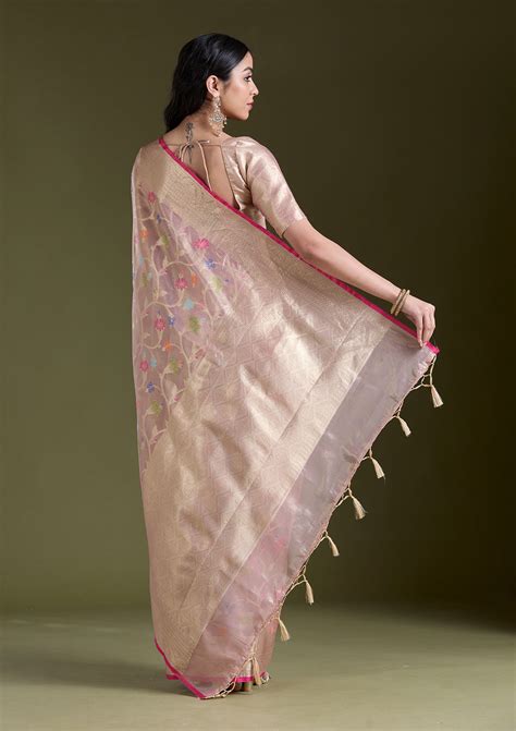 Buy Onion Pink Zariwork (Gold) Banarasi Silk Saree - Koskii