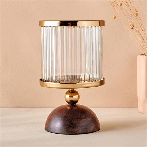 Buy Splendid Dastkari Glass Hurricane with Wooden Base from Home Centre ...
